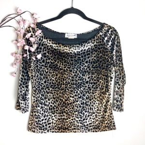 Vintage Velvet Leopard Animal Print 3/4 Sleeve Top